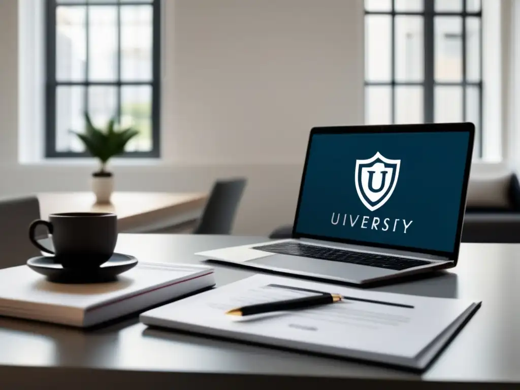 Escritorio minimalista con laptop, documentos y anteojos Abogado admisiones universitarias - Escritorio minimalista y moderno con laptop, documentos y anteojos negros
