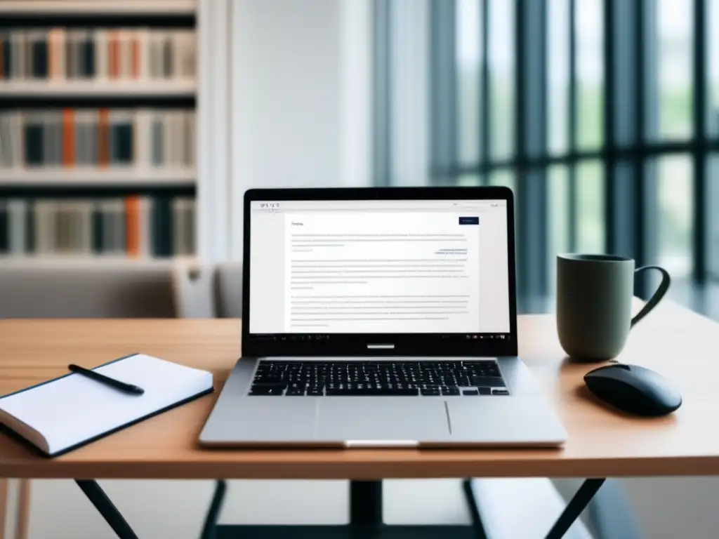 Escritorio minimalista y organizado con laptop, notas y libros Preparación académica en entrevistas universitarias: escritorio minimalista con laptop, notas y libros cuidadosamente organizados