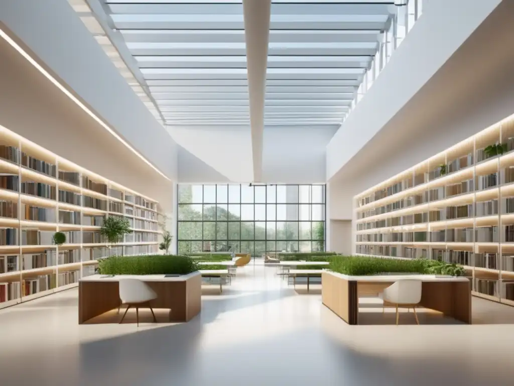 Biblioteca universitaria moderna y minimalista Acceso a la información universitaria en una moderna biblioteca universitaria con estanterías blancas y plantas verdes