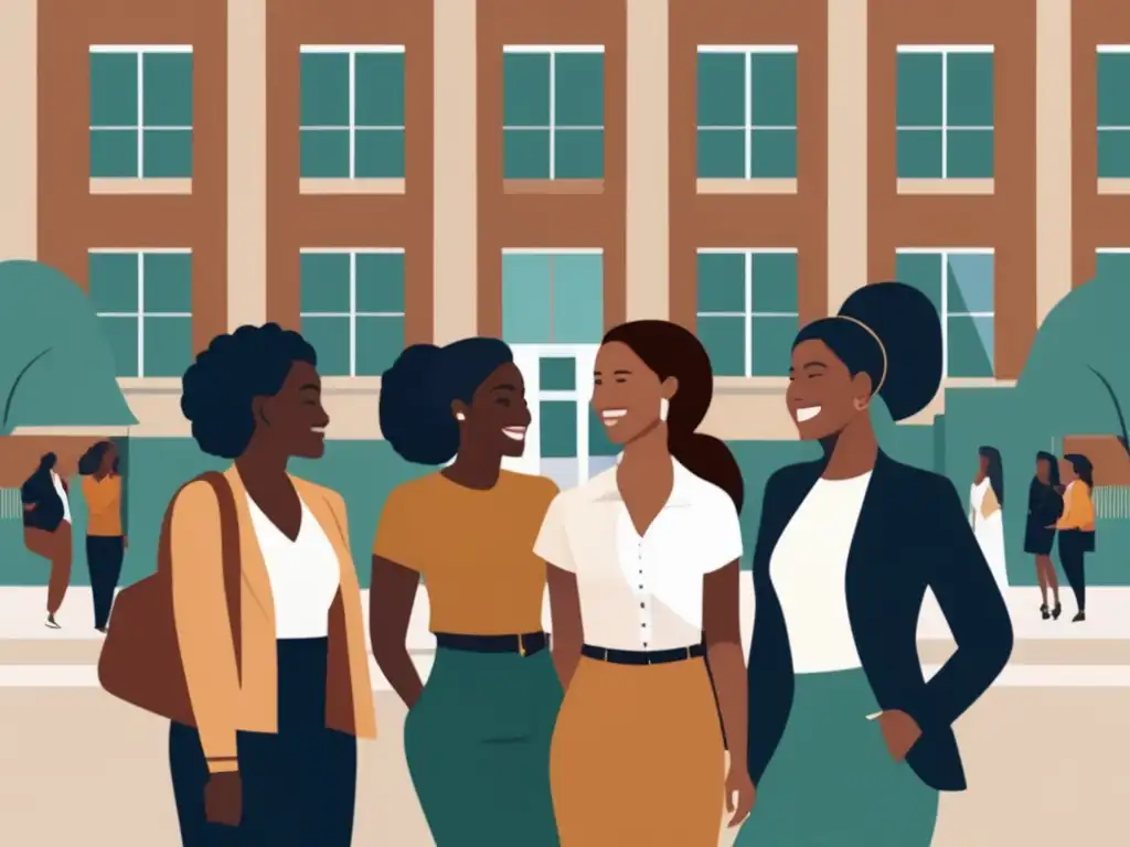 Mujeres universitarias diversas y empoderadas frente a un edificio moderno Acciones afirmativas para mujeres universitarias, diversidad y empoderamiento en la educación superior