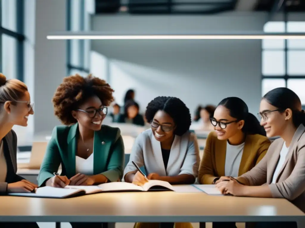 Mujeres universitarias colaborando en actividades académicas Acciones afirmativas para mujeres universitarias - Imagen en 8k de alta resolución que representa la igualdad y diversidad en la educación superior