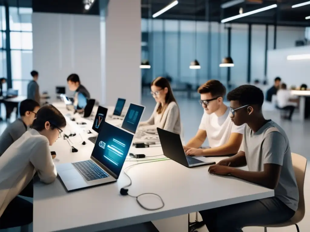 Jóvenes ingenieros y programadores en acción Actividades extracurriculares para aspirantes a ingenieros tecnológicos colaborando en espacios modernos y tecnológicos