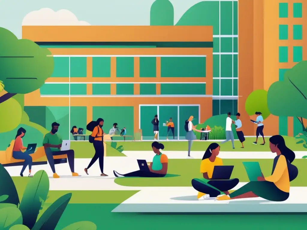 Campus universitario con estudiantes diversos y modernos Adaptabilidad en admisiones online: estudiantes diversos en un campus universitario moderno, colaborando y aprendiendo en un entorno inclusivo