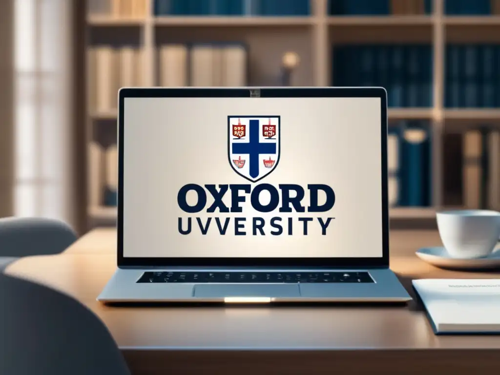 Laptop Oxford University Guía admisiones internacionales Oxford: laptop moderno con logo, materiales de estudio ordenados en escritorio minimalista