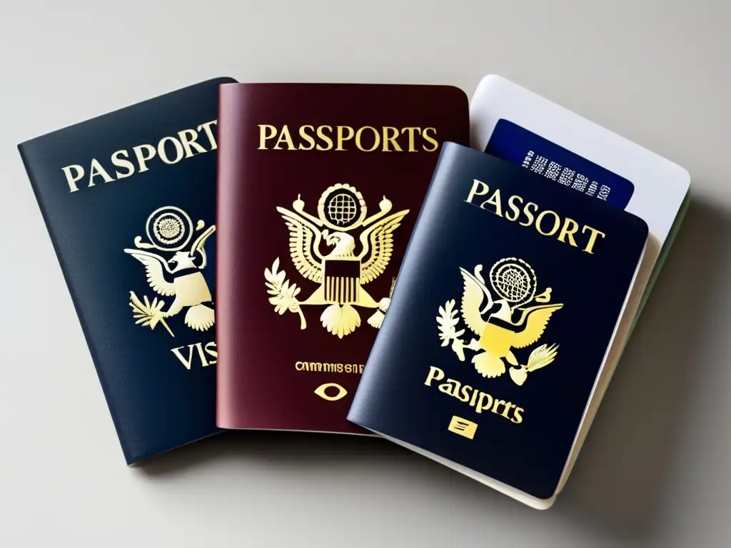 Pasaportes y visas internacionales Preparación admisiones universidades internacionales - Pasaportes con visas representativas en fondo blanco