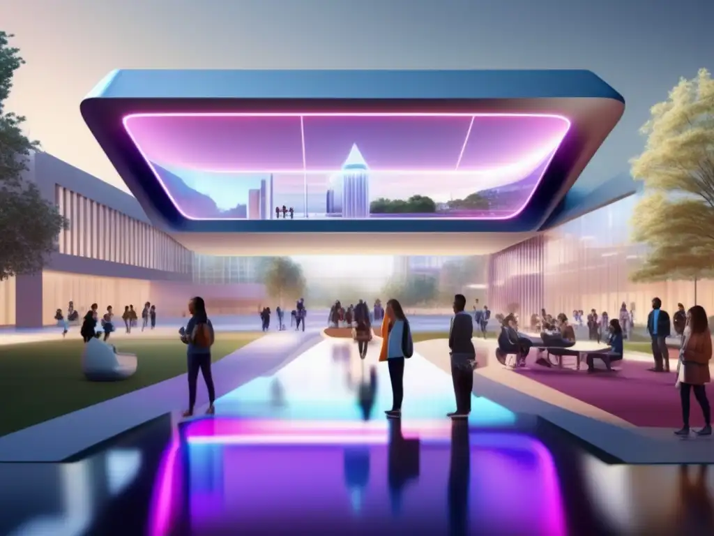Futuro de la educación AI Transformación de admisiones universitarias con IA - Campus futurista, estudiantes diversos interactúan con asistentes AI holográficos