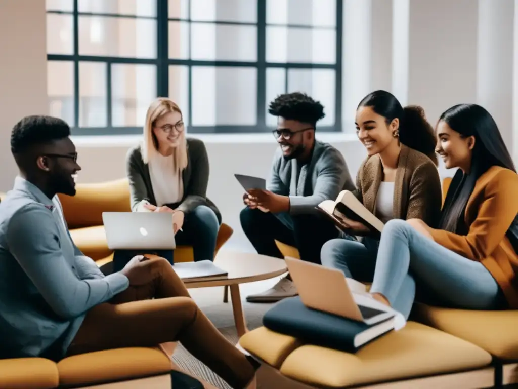 Estudiantes universitarios diversos estudian juntos Desafío admisiones universitarias diversidad lingüística: estudiantes de diferentes culturas y lenguajes en una moderna área de estudio