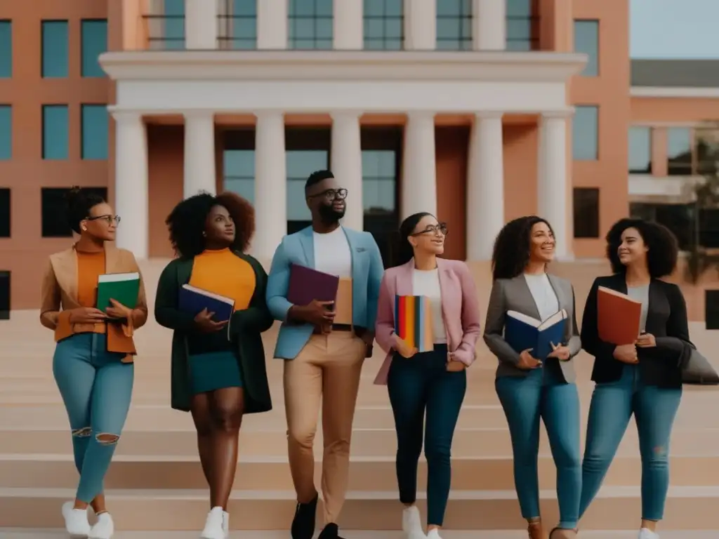 Diversidad LGBTQ+ en universidad Inclusión LGBTQ+ en admisiones universitarias: diversidad y unidad en un grupo frente a un edificio universitario
