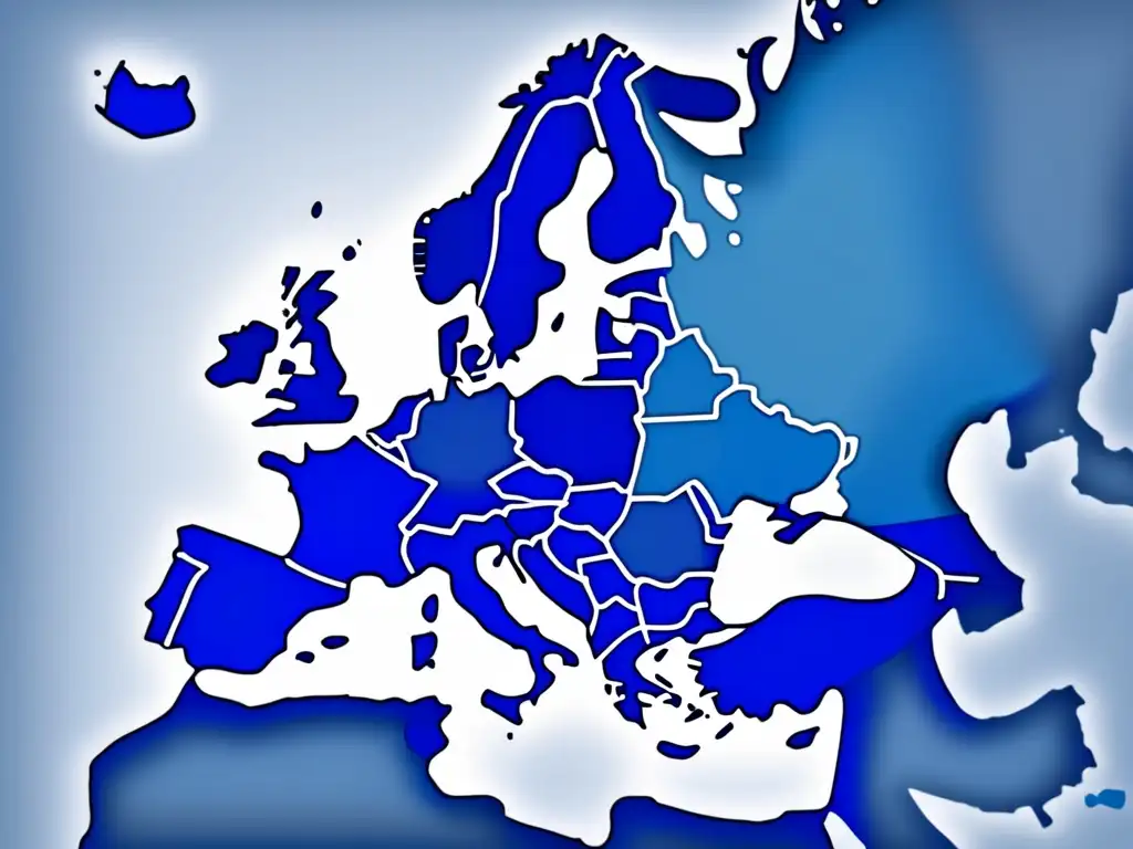 Mapa universidades Europa Guía admisiones universitarias Europa: Mapa estilizado en tonos azules y grises muestra universidades destacadas en Londres, París, Berlín, Roma y Madrid