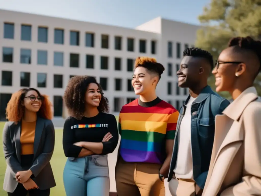Inclusión LGBTQ+ en la universidad Inclusión LGBTQ+ en admisiones universitarias: Estudiantes diversos promoviendo inclusión y apoyo en un campus moderno