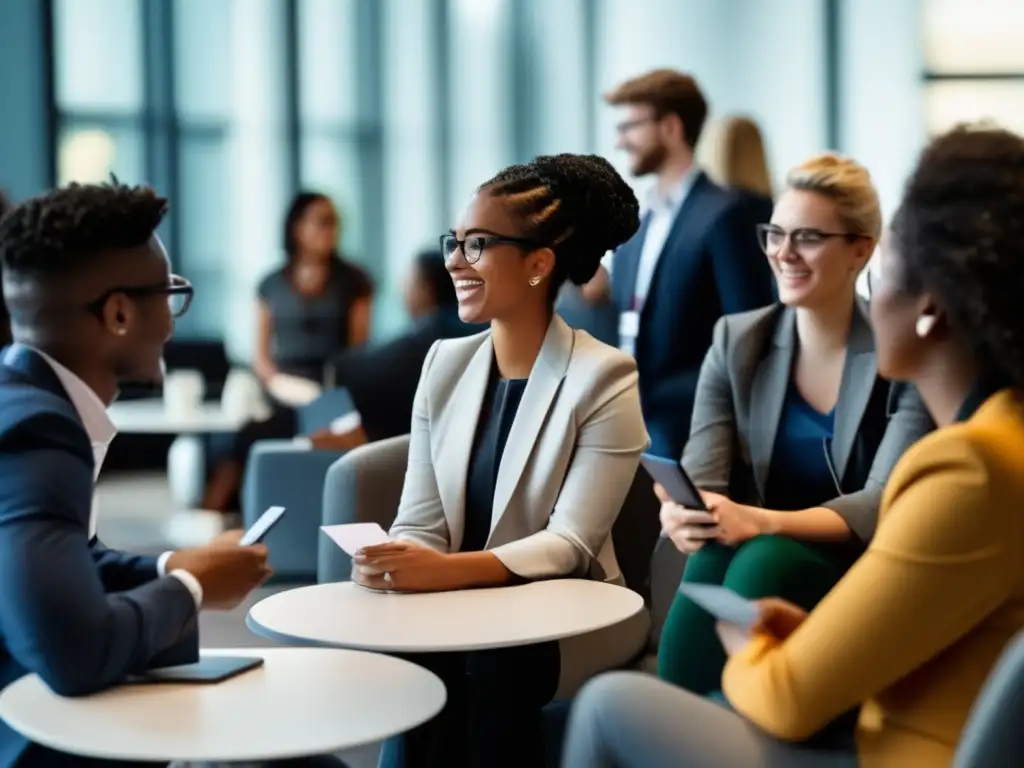 Estudiantes networking en evento profesional Networking en admisiones universitarias: estudiantes diversificados conversan y se conectan en un evento profesional