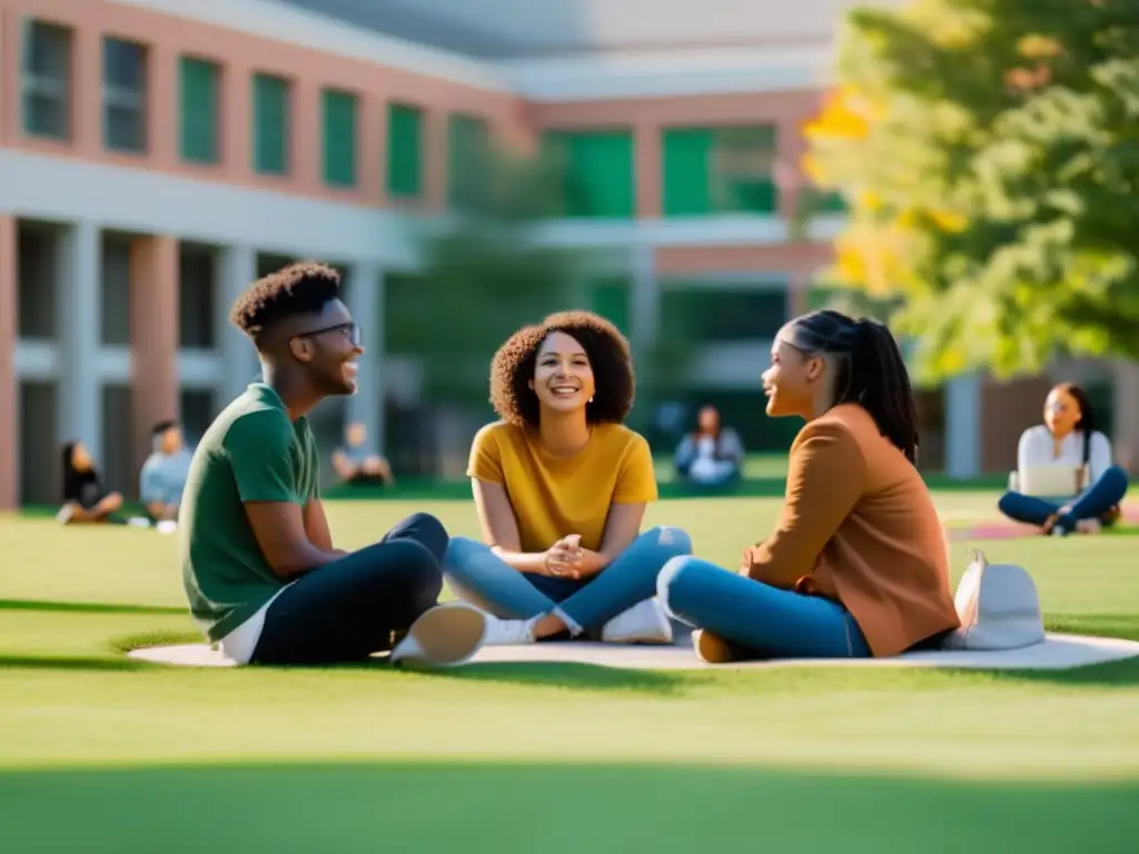 Estudiantes LGBTQ+ en campus inclusivo Inclusión LGBTQ+ en admisiones universitarias: estudiantes diversos en un campus verde discutiendo y apoyándose