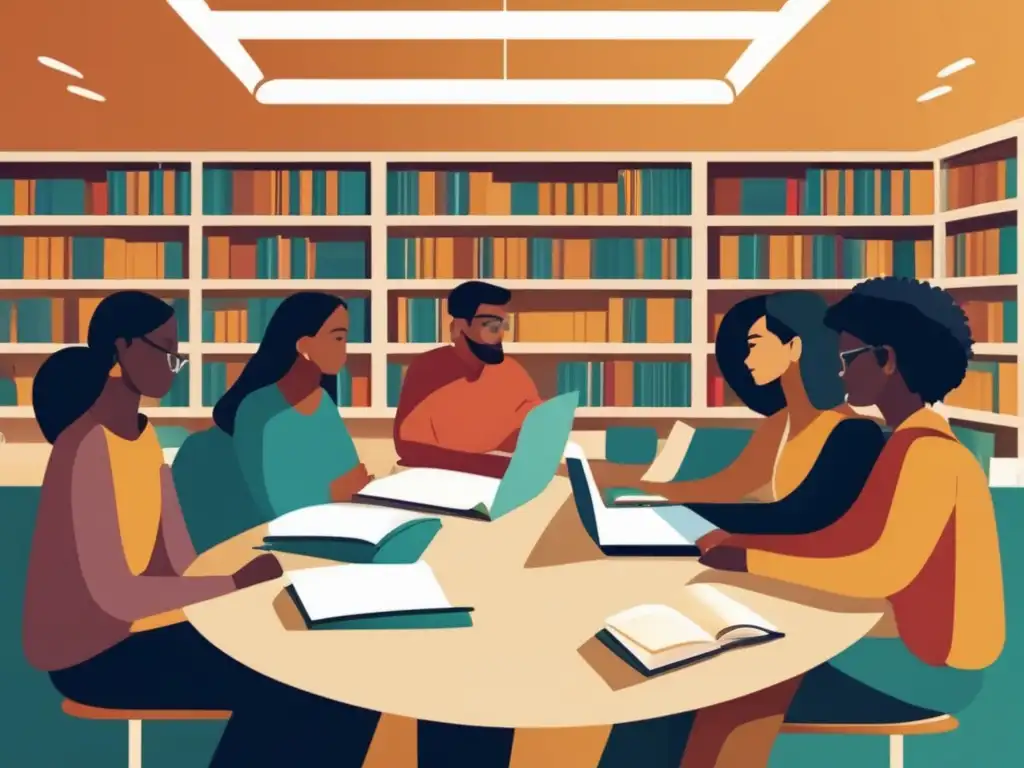 Estudiantes universitarios LGBTQ+ en biblioteca Inclusión LGBTQ+ en admisiones universitarias: Grupo diverso de estudiantes en biblioteca universitaria colaborando y conversando