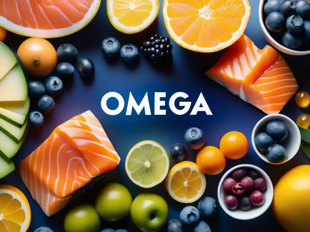 Alimentos saludables y coloridos Alimentos para mejorar rendimiento estudiantil: variedad de alimentos ricos en omega3, antioxidantes y hierro en composición artística