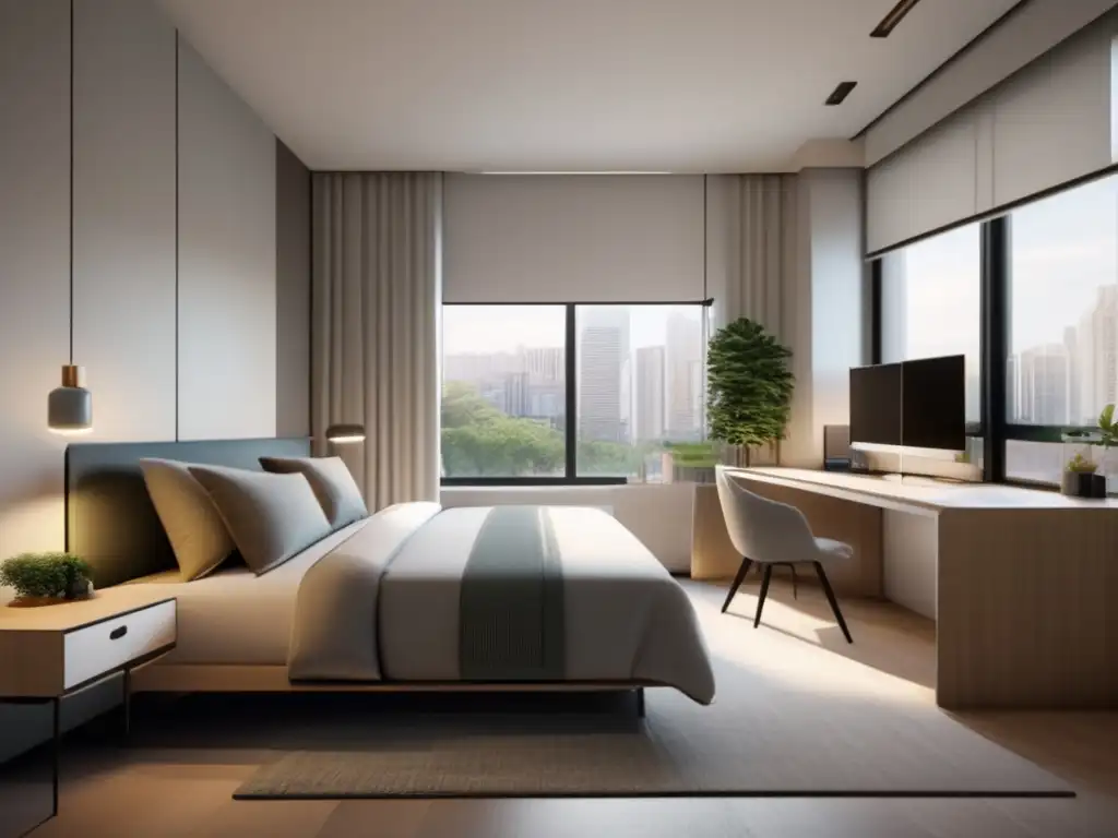 Habitación estudiante internacional Alojamiento estudiantes internacionales: habitación minimalista con luz natural y mobiliario contemporáneo