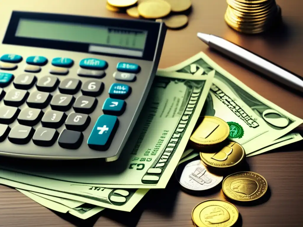 Calculadora y dinero para gastos educativos Alternativas financiamiento educativo becas Universidad: Monedas, billetes y calculadora en una mesa