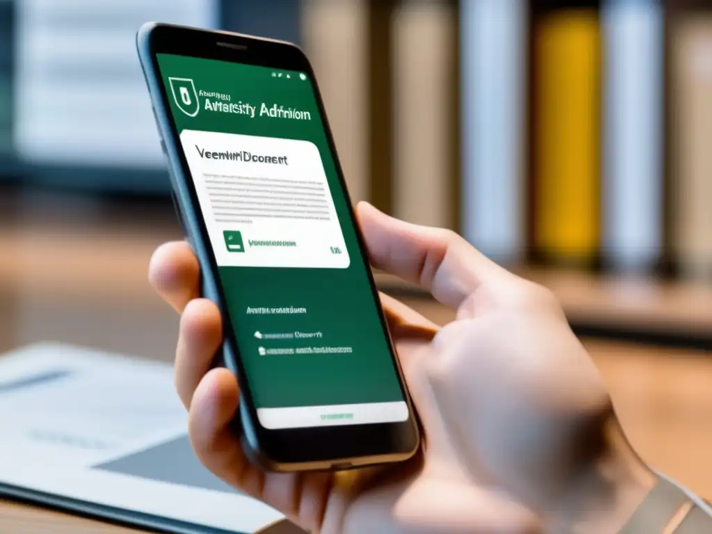 Smartphone verifica documentos universitarios Tecnología antifraude en admisiones universitarias: Smartphone moderno verifica documentos de admisión con alta tecnología