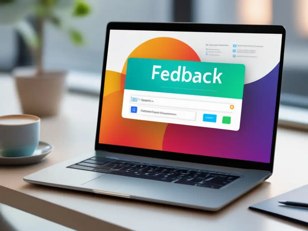 Laptop minimalista con formulario de retroalimentación Mejorar aplicaciones MOOCs con feedback constructivo - Imagen de laptop minimalista en un escritorio blanco con formulario de feedback
