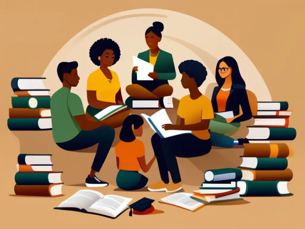 Grupo diverso de estudiantes discutiendo financiamiento educativo Conseguir apoyo económico para educación universitaria con estudiantes diversos en círculo, rodeados de libros y documentos financieros