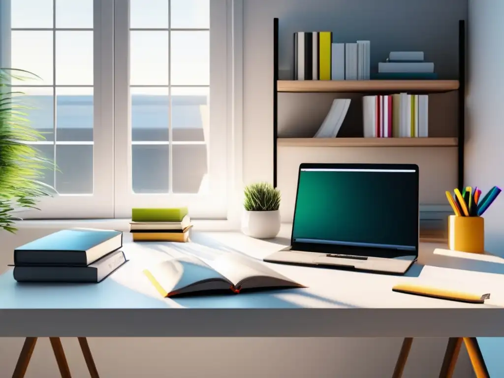 Espacio de estudio minimalista Área de estudio minimalista con escritorio blanco, materiales de estudio esenciales y luz natural - Preparación efectiva para exámenes universitarios
