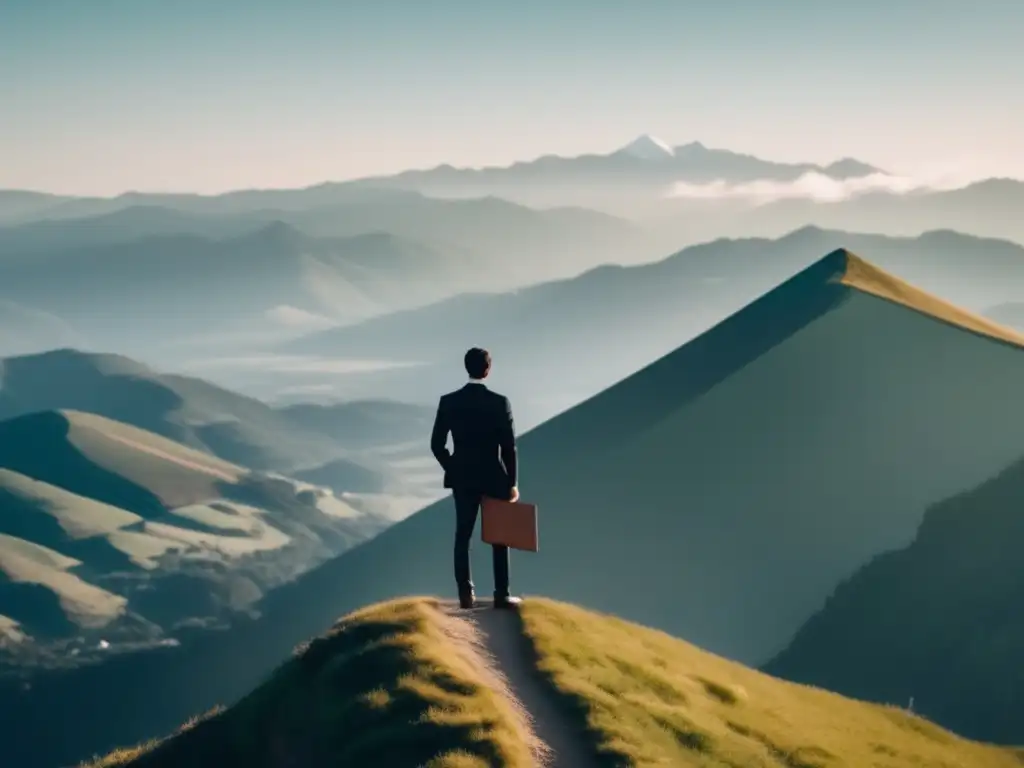 Persona en la montaña, fijando metas Asesoramiento universitario personalizado: persona en la montaña, estableciendo metas y objetivos, en estilo minimalista y paisaje sereno