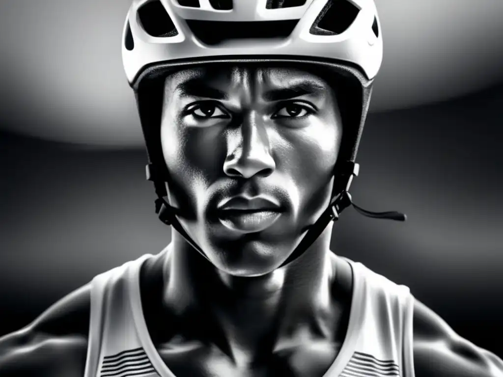 Atleta determinado con casco deportivo Atleta determinado con casco deportivo, enfoque y ciudad de fondo
