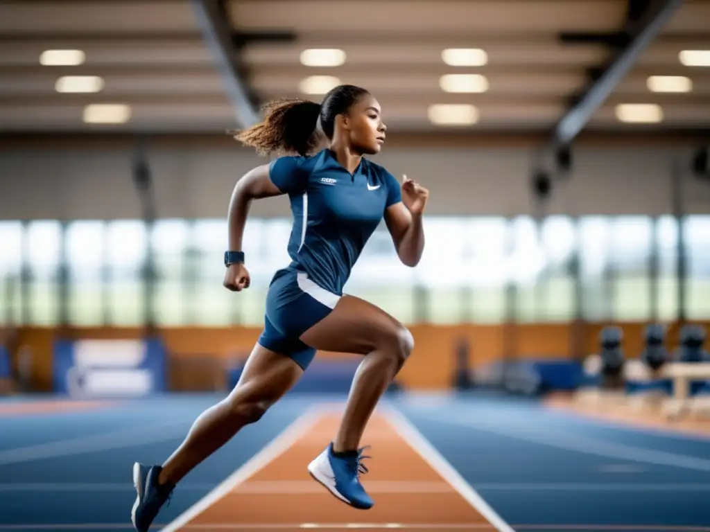 Atleta colegial en acción en instalaciones deportivas Atleta universitario en acción, destacando beneficios y requisitos de becas deportivas (110 caracteres)