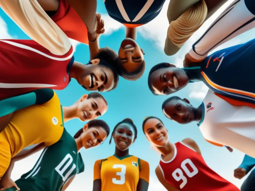 Atletas transferidos: imagen de grupo diverso de deportistas Atletas transferidos: Grupo diverso de deportistas en círculo, unidos y con metas claras