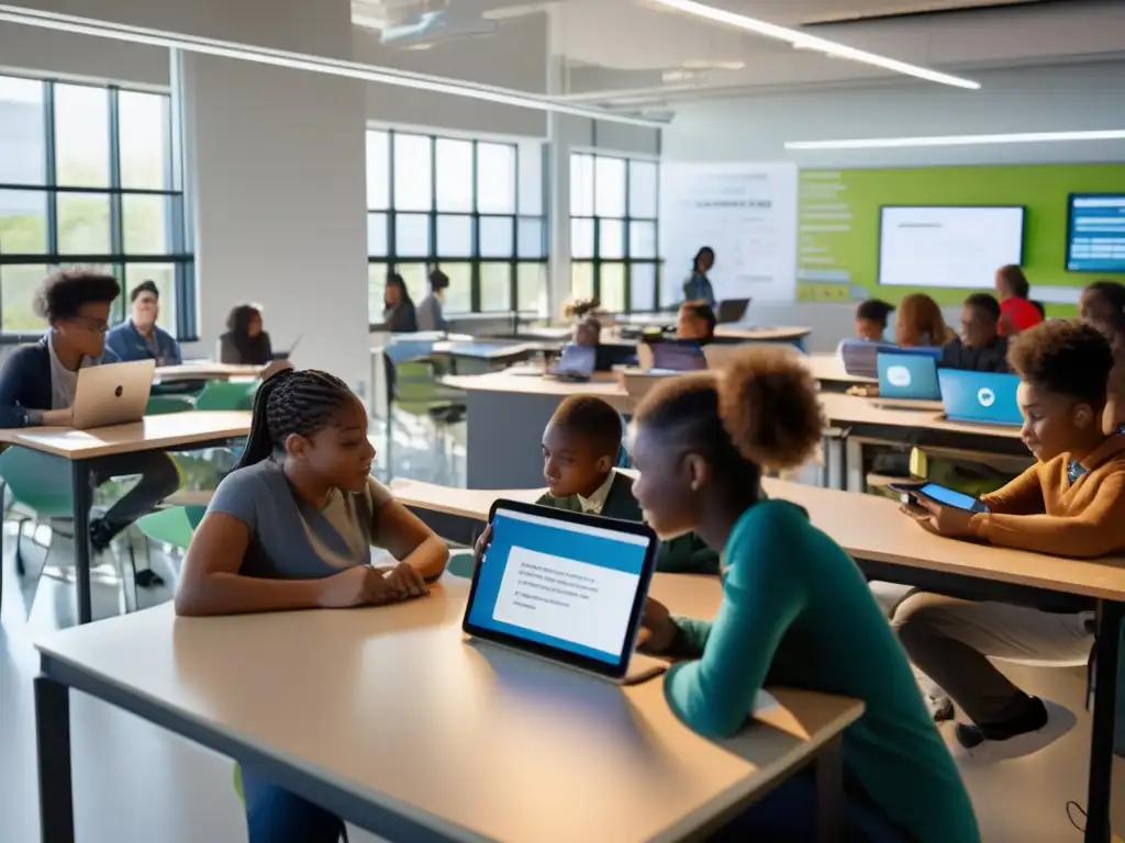 Aula moderna y tecnológica con estudiantes colaborando Aula moderna con alta tecnología y estudiantes colaborando en actividades de aprendizaje interactivo - Criterios de selección universitaria