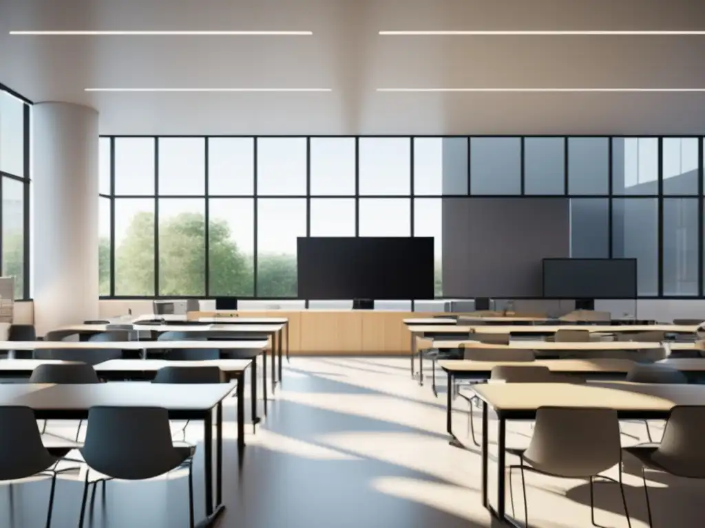 Aula moderna y elegante con mobiliario ergonómico y luz natural Aula moderna y espaciosa con muebles ergonómicos, luz natural y pantalla digital - Factores clave para elegir maestría