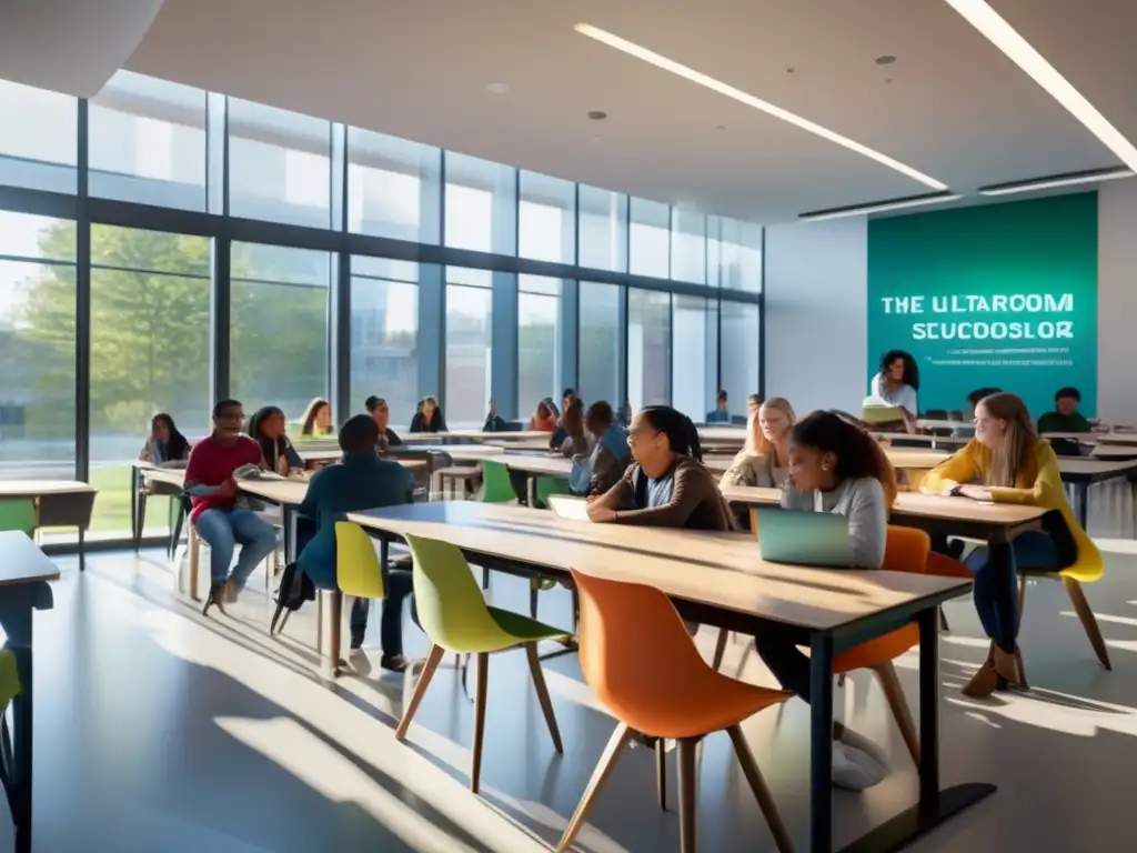 Aula moderna y diversa con estudiantes aprendiendo Aula moderna de 8K con estudiantes diversos y tecnología avanzada, promoviendo un ambiente de aprendizaje inclusivo y de calidad