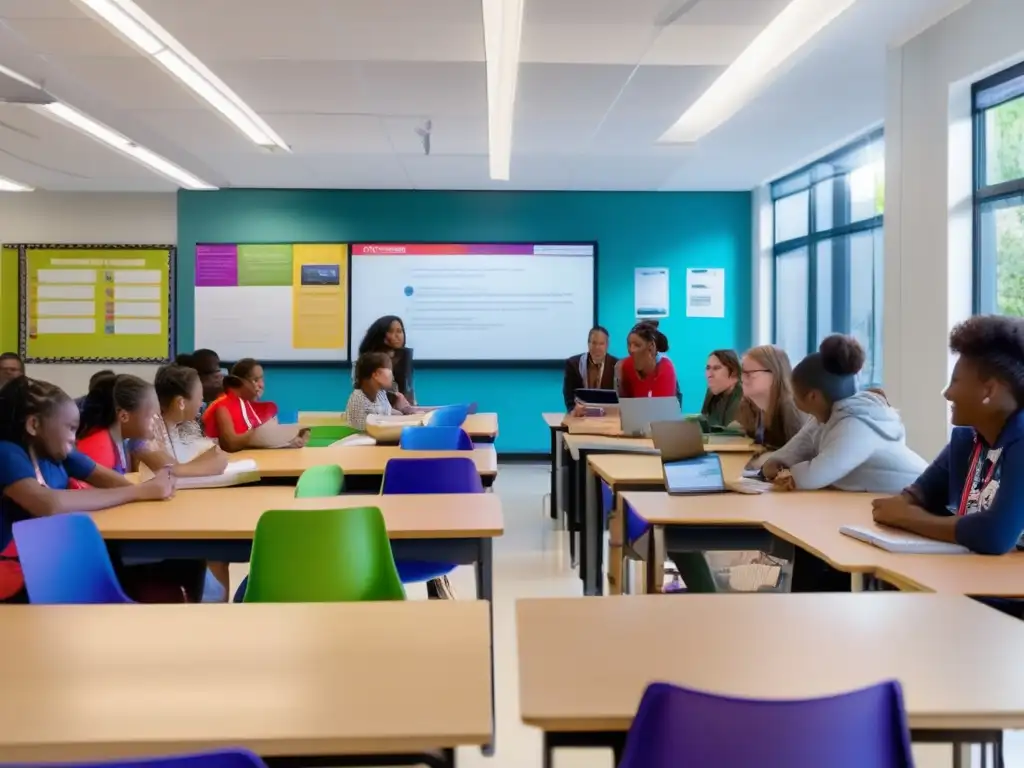Aula moderna y vibrante con estudiantes participando activamente Aula moderna y limpia con estudiantes colaborando en proyectos y presentaciones