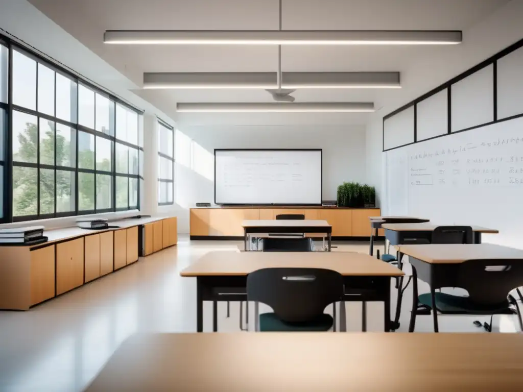 Aula moderna y luminosa con diseño minimalista Aula moderna, luminosa y espaciosa con mobiliario minimalista y pizarra de fórmulas