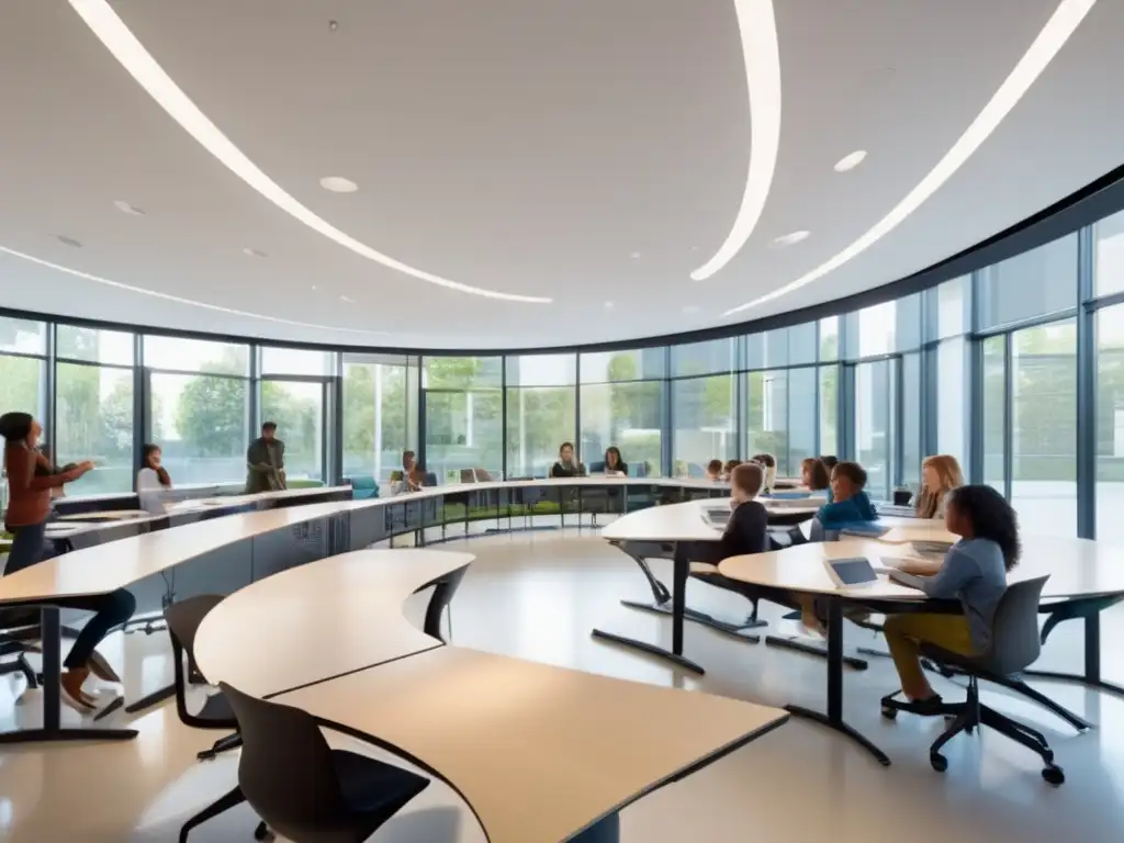 Aula moderna con luz natural y tecnología interactiva Aula moderna y luminosa con estudiantes comprometidos en discusión - Estrategias de persuasión universitaria