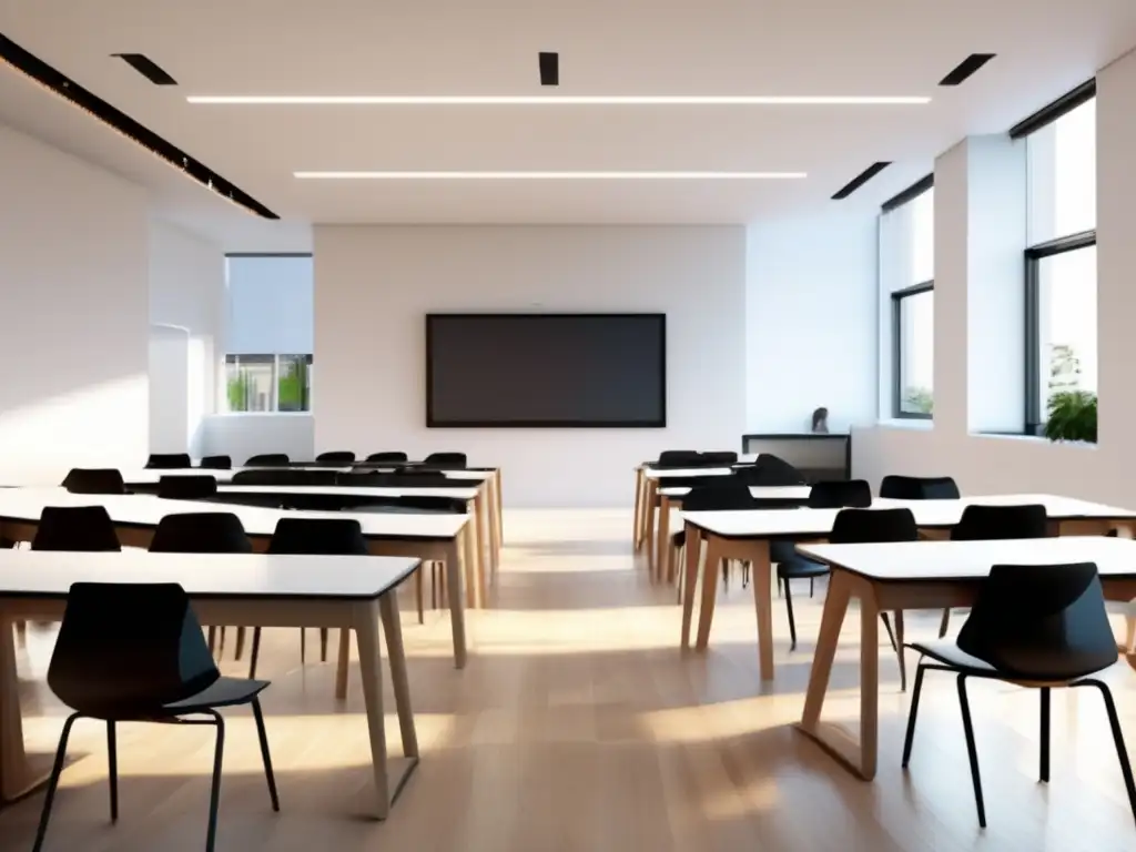 Aula moderna y luminosa fomenta colaboración Aula moderna con luz natural y mobiliario ergonómico, ideal para cursos preparatorios universitarios