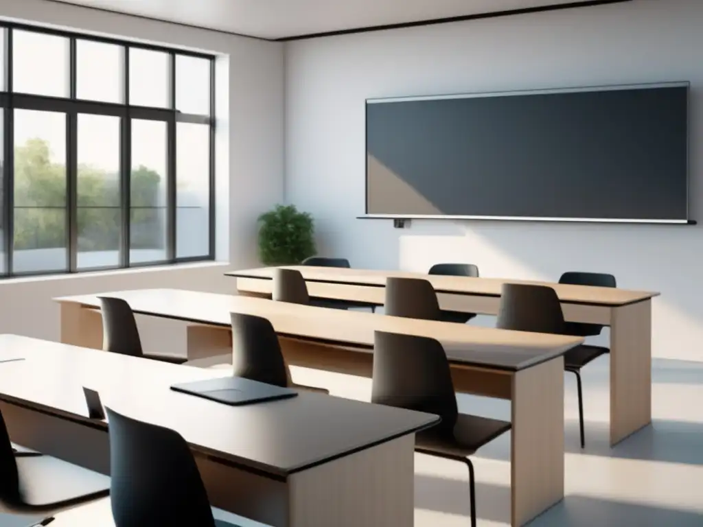 Aula moderna y minimalista con tecnología avanzada Aula moderna y minimalista con tecnología y estudiantes activos