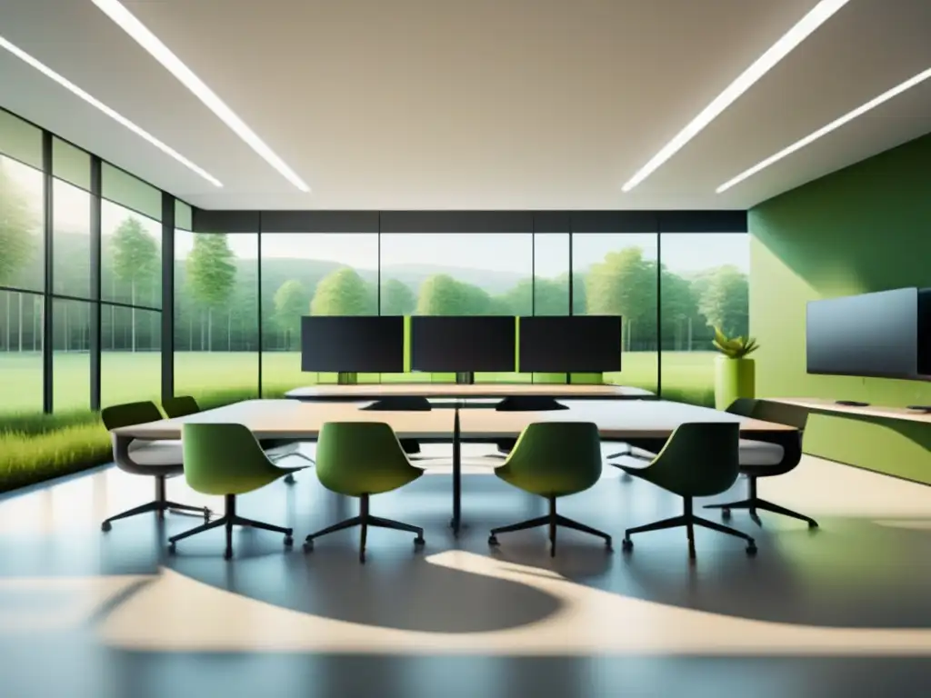 Aula moderna y minimalista con vista panorámica Aula moderna y minimalista con vista panorámica a paisaje verde y tecnología avanzada