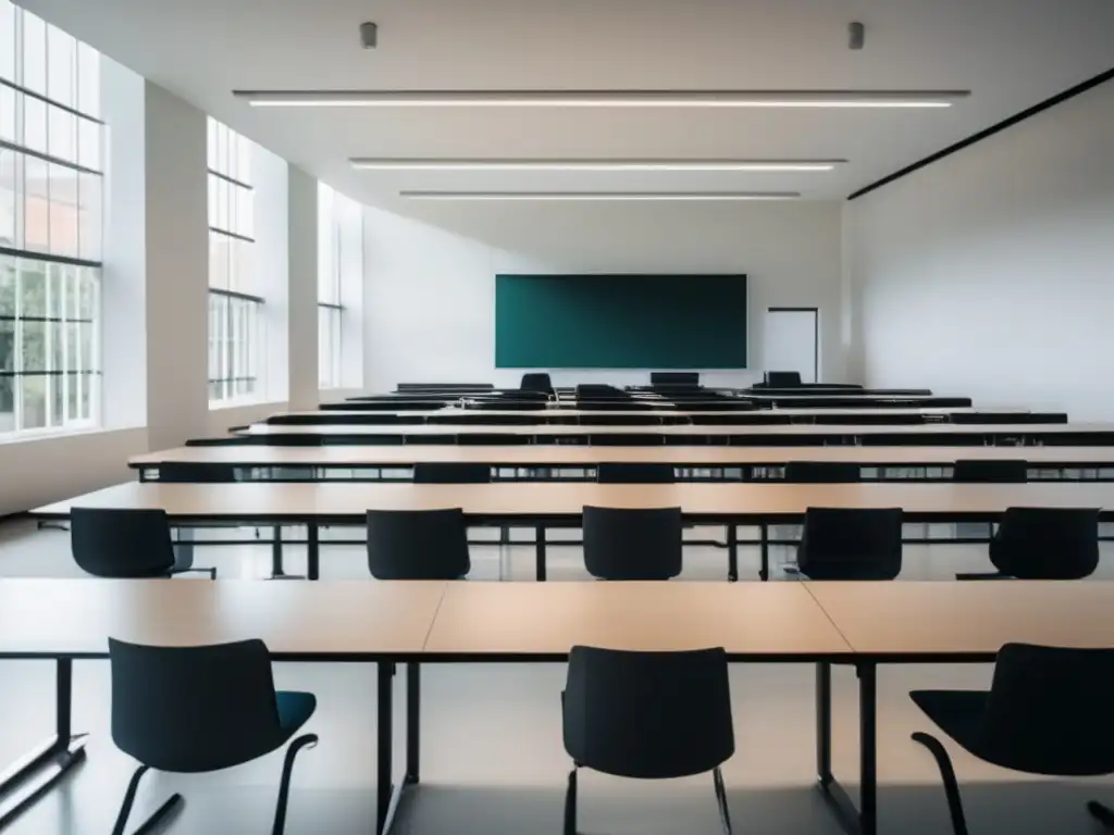 Aula universitaria minimalista y luminosa con escritorios ordenados Aula universitaria minimalista y luminosa - Sistema de puntaje en exámenes de admisión universitaria