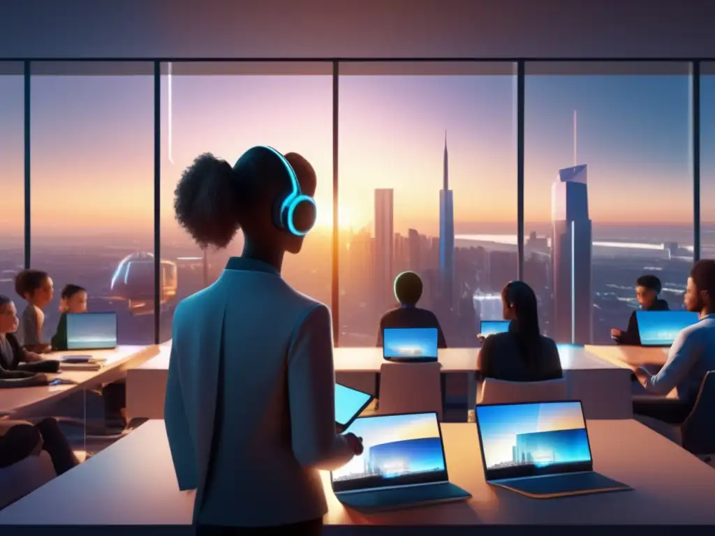 Futuro de la educación virtual Aula virtual futurista con estudiantes colaborando en exámenes de admisión universitarios online