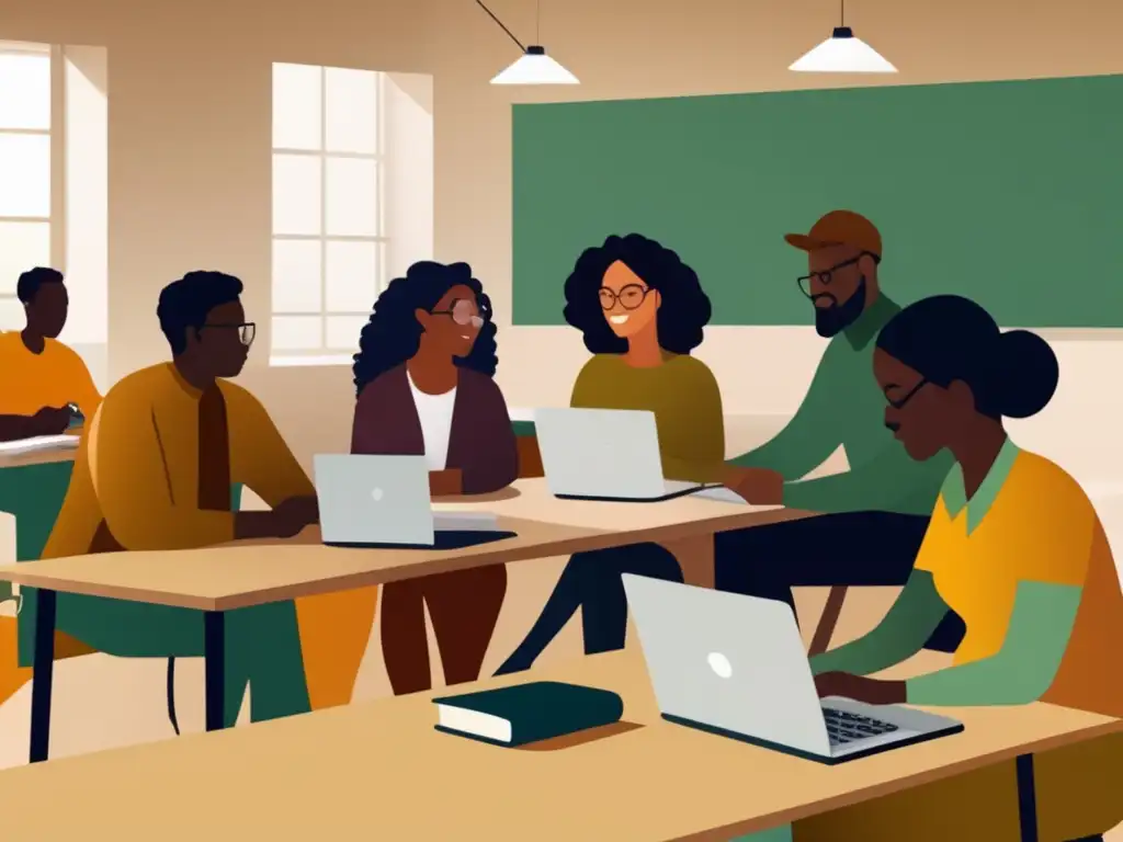 Aula moderna con estudiantes adultos colaborando Becas para estudiantes adultos y no tradicionales en un aula moderna y diversa