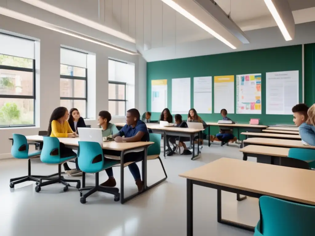 Aula moderna y espaciosa con estudiantes colaborando Beneficios de actividades para la vida sana en admisiones universitarias