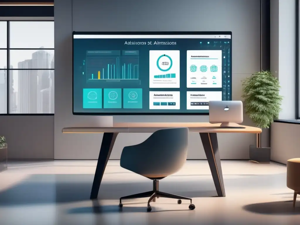 Oficina de admisiones universitarias con inteligencia artificial Beneficios AI en Admisiones: Oficina moderna, minimalista e inteligente con estadísticas y datos en pantalla táctil