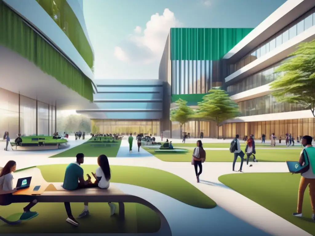 Futurista campus universitario con tecnología AI avanzada y estudiantes colaborativos Beneficios IA en admisiones universitarias: Campus futurista, edificios modernos, estudiantes colaborando con herramientas IA