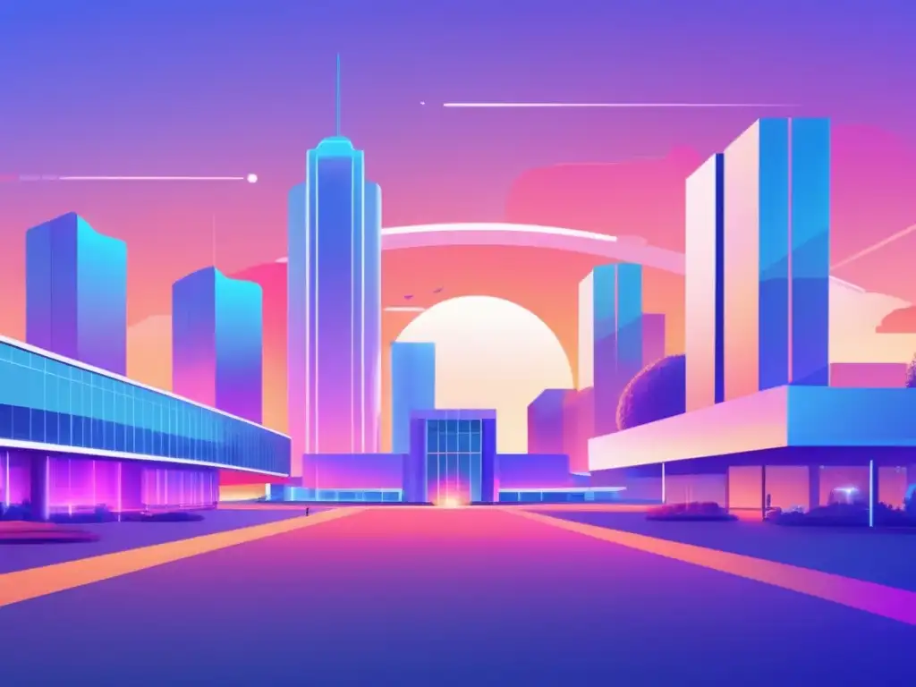 Campus futurista con IA y tecnología avanzada Beneficios IA en admisiones universitarias: Campus futurista con edificios de vidrio, robots asistiendo estudiantes y laboratorios de realidad virtual