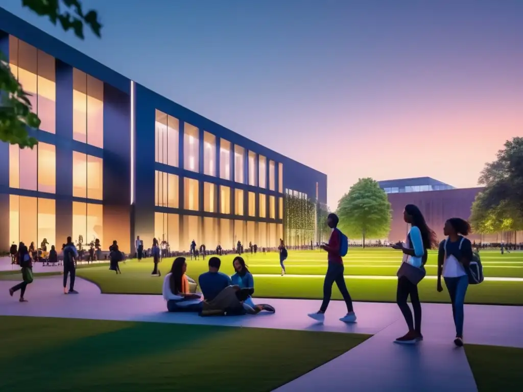 Campus universitario moderno y minimalista al atardecer Beneficios IA en admisiones universitarias, campus moderno al atardecer con estudiantes diversos y tecnología