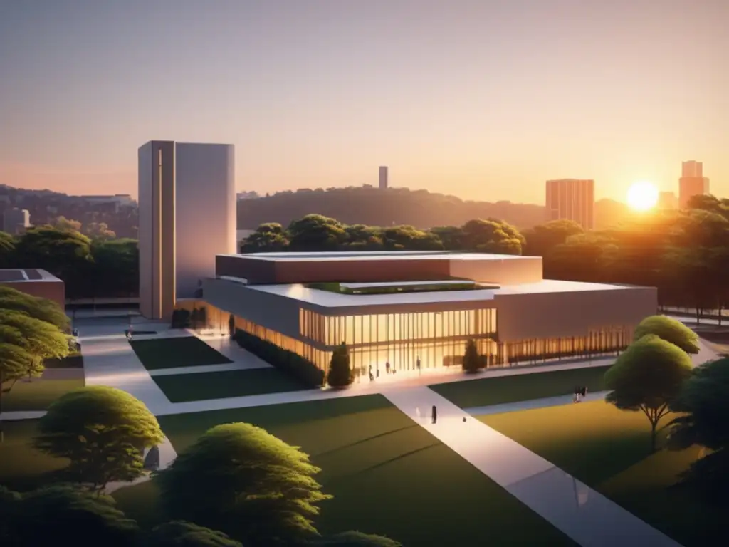 Universidad al atardecer Beneficios IA en admisiones universitarias: Campus moderno rodeado de vegetación y arquitectura elegante al atardecer