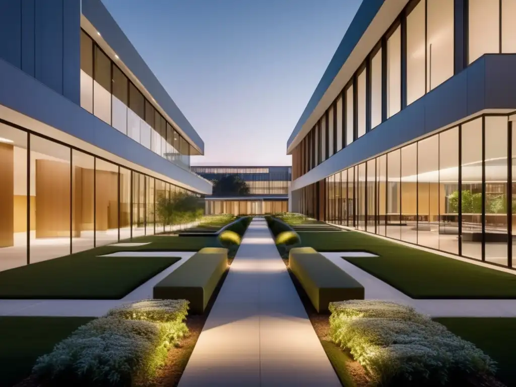 Campus universitario moderno al atardecer Beneficios IA en Admisiones Universitarias: Campus universitario moderno y minimalista al atardecer que combina arquitectura y naturaleza