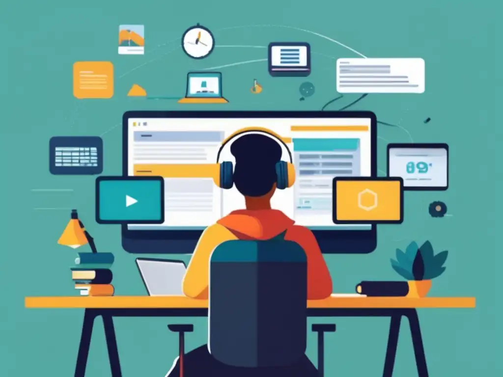 Estudiante interactuando con MOOCs Beneficios de MOOCs en admisiones universitarias: estudiante interactuando con pantallas virtuales de aprendizaje