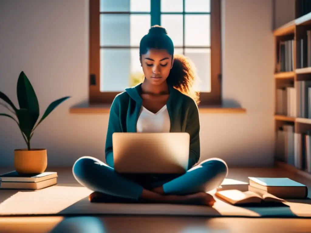 Estudiante concentrado practicando mindfulness Beneficios del mindfulness en admisiones universitarias: estudiante concentrado rodeado de libros, cuadernos y laptop