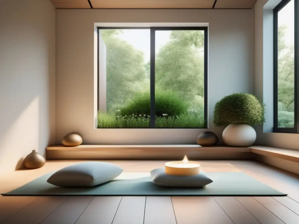 Espacio de meditación sereno y minimalista Beneficios del mindfulness en admisiones universitarias: habitación minimalista, iluminación natural, decoración moderna y ventana al jardín tranquilo